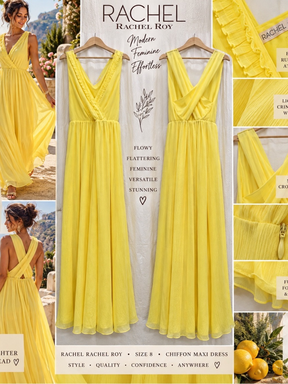 Rachel Rachel Roy Size 8 Lemon Yellow Chiffon Maxi Open Cross Back Resort Dress